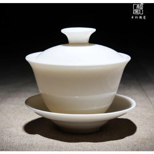 Jade Porcelain Cover Bowl Dehua Ceramic Whiteware Tea Set High-End Condensed Fat White Three-Force Bowl Cup with Cover Gaiwan