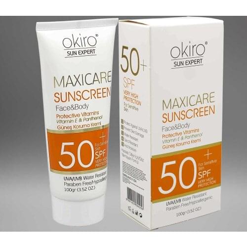 Okiro Sun Cream Maxicare SunScreen Face Body Protective Vitamins 50+ SPF Very High Protection UVA/UVB Water Res. Paraben yok