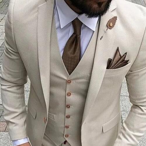 Autumn Loose Coat Pant Designs Beige Men Suit Prom Tuxedo Fashion 3 Piece Groom Wedding Suits For Men Custom Blazer