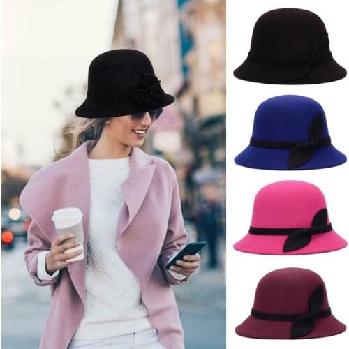 Autumn Winter Warm Wool Felt Flowers Hat Ladies Wide Brim Hat Women Noble Elegant Girls Fashion Party Cap Decoration