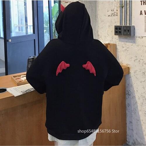 Little Devil Horns Gothic Hooded Sweatshirts Harajuku Hoodies Girl Women Demon Fly Wings Loose Pullovers Pocket Tops Streetwear