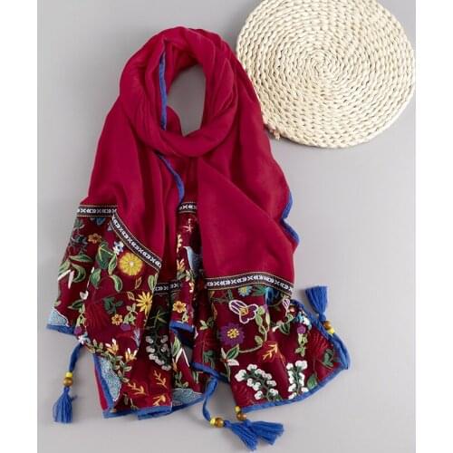 Women Ethnic New Embroider Shawl Scarf Travel Scarves With Tassel Pashmina Cotton Linen Oversize Beach Hijab Head Female Foulard
