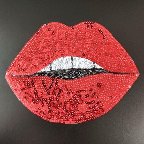 T shirt Women patch red sequins fabric 200mm lips deal with it iron on patches for clothing stickers strange things freeshipping