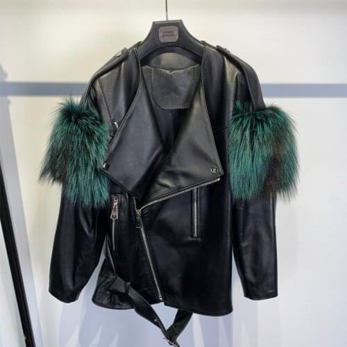 Ladies Genuine Sheep Leather Jacket With Silver Fox Fur Sleeve