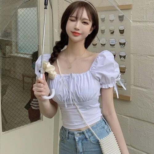 Women Sweet Lace Up Blouse Square Neck Puff Sleeve Blouses Female Cozy Crop Tops