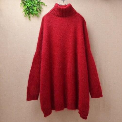 Pull female women winter warm hairy angora rabbit fur knitted long sleeves turtleneck oversized pullover mink cashmere jumper