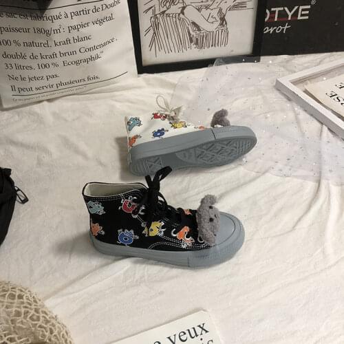 Furry dog amusing graffiti digital canvas board shoes woman cartoon lace up loafers high-top sneakers platform moccasins girls