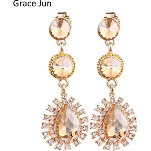 Grace Jun New 7 Colors Choose Austrian Crystal Clip on Earrings Non Piercing for Women Elegant Waterdrop Earrings Bijouterie