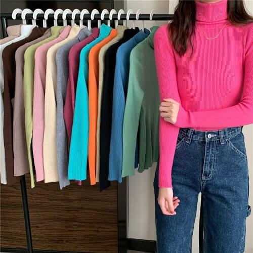 Women Sweaters Autumn Winter New Korean Slim Turtleneck Knitted Pullovers Casual Soft Warm Jumpers