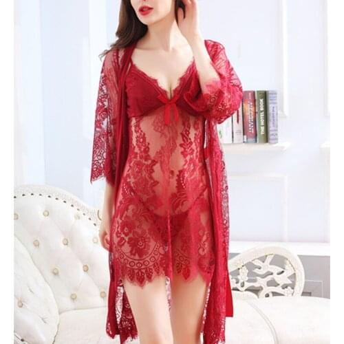 Womens Robe Sets Sexy Lingerie Sexy Temptation Passion Pajamas New Summer Lace Suspender Skirt Three-piece Suit Sexy pajamas