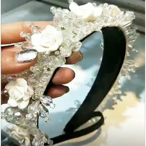 White Luxury Handmade New Shining Full Small Pearl Crystal Beaded Flower Catwalk Headband For Women Temperament Hair Accessories