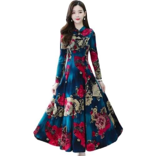 Womens Long Dress 2021 New Middle-aged mother Spring Autumn Fashion Dress Female Long Sleeve Cheongsam Dresses Elegant Clothes