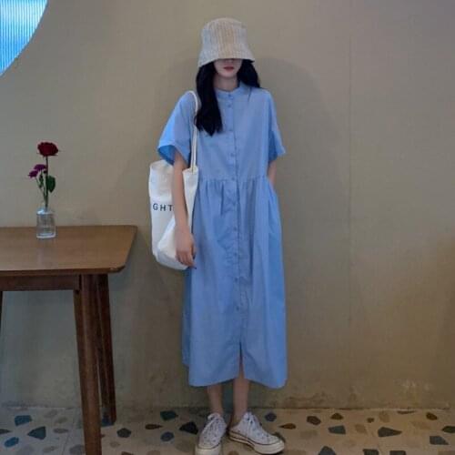 Blue Shirt Dress Female Summer New Style College Style Design Sense of Foreign Style Japanese Long Skirt