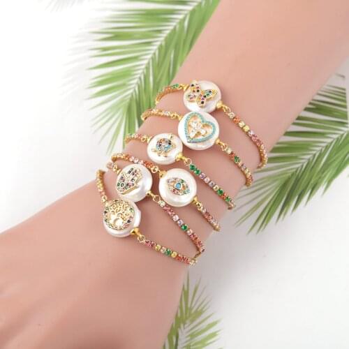 Luxury Rainbow CZ Women Bracelet Tree of Life Cross Evil Eye Natural Pearl Charms Chain Bracelets & Bangles For Women Jewelry