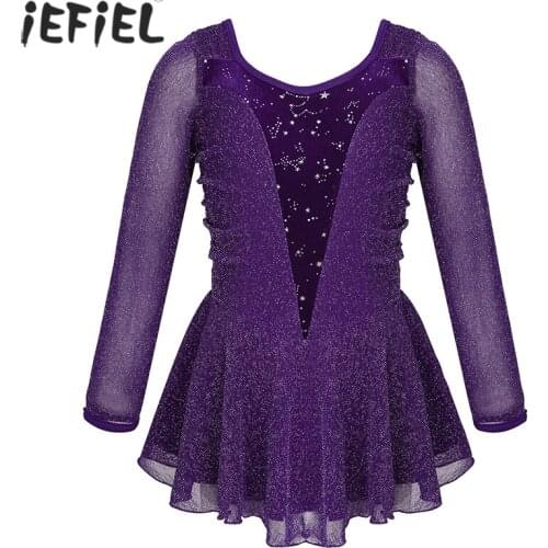 Kids Girls Long Sleeves Silver Glitters Velvet Splice Ballet Dance Leotard Gymnastics Costume Child Figure Skating party Dress