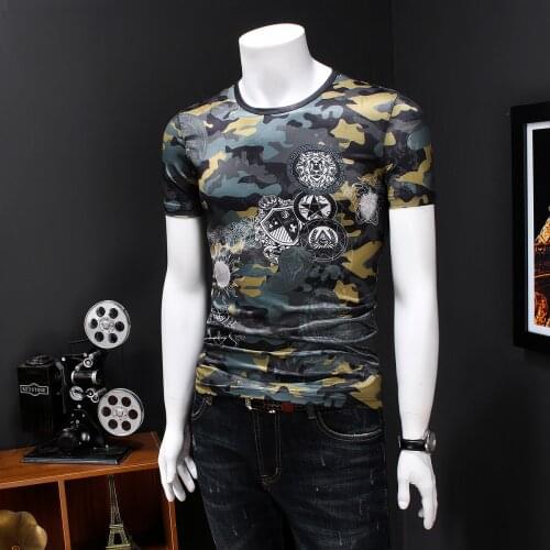 2020 Korean Camouflage Print T Shirt Mans Club Party Homme Baroque Moda Camiseta Hombre Manga Short Tee Men Summer Tops