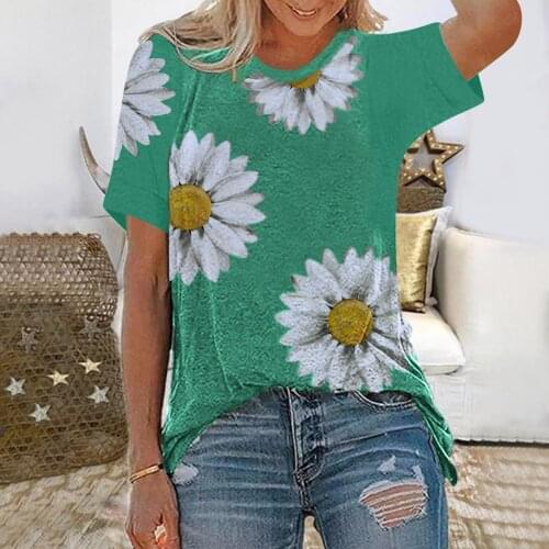 Floral T Shirt Women 2021 Beach Style Womens Summer Tops 6 Colors Graphic O-Neck Daisy Print Short Sleeves T-Shirts Women