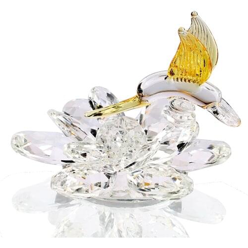 Art Glass Crystal Hummingbird with Lotus Flower Figurine Hand Blown Statue Keepsake Rainbow Maker Office Desktop Centerpiece