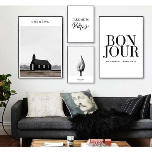 Nordic Landscape Canvas Painting Black White Eiffel Tower Flower Bonjour Quotes Wall Art Poster Picture for Living Room Decor
