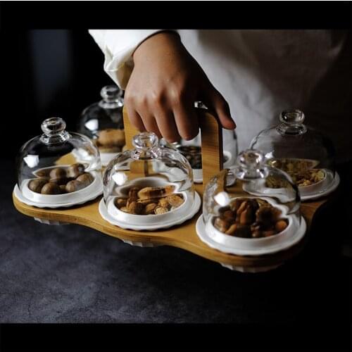 Ceramic Baking Cake Pan Glass Lid Solid Wood Tray Cake Dessert Preservation Bowl Household Fruit Dessert Plate Set