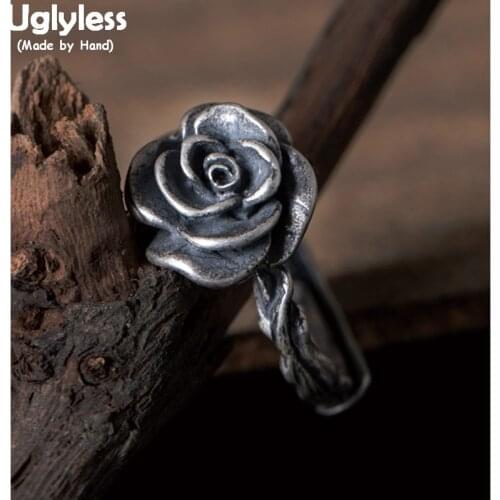 Uglyless Real Solid 925 Sterling Silver Handmade Rose Finger Rings for Women Vintage Thai Silver Flower Open Rings Wild Jewelry