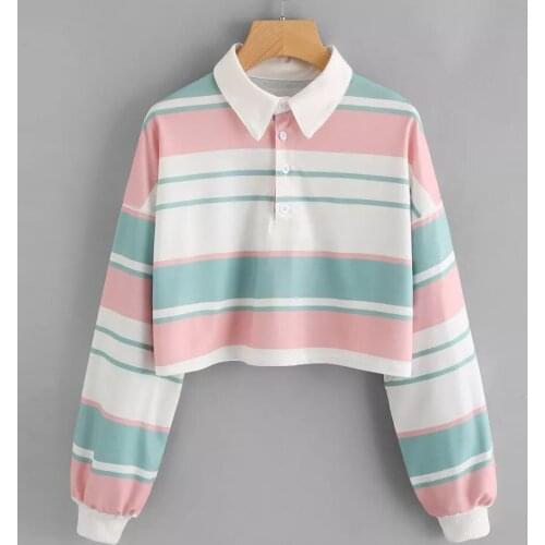 Drop Shoulder Striped Crop All-Match Pullover Sweatshirt Top Sweet Women Shirt Girls Elegant Striped Hoodie Sweatshirt Casual