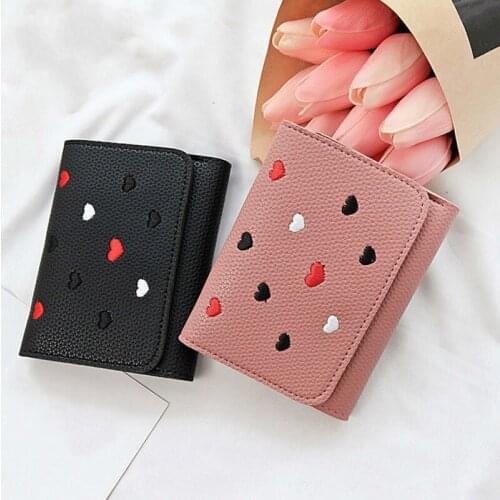 Cute Heart Shape Embroidery Women Wallet for Coin Card Cash Fashion Lady Small Purse Short Solid Fem