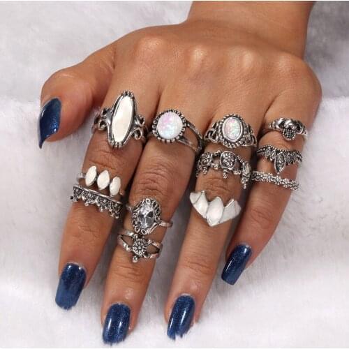 12pc/set Vintage Big Opals Midi Ring Set For Women Antique Tibetan Silver Tortoise Heart Knuckle Rings Boho Jewelry Anillos Gift