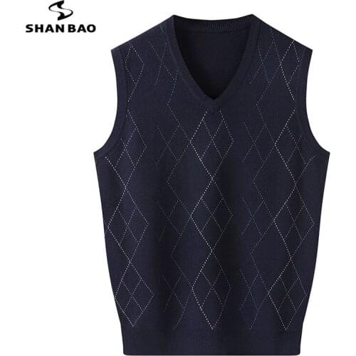 SHAN BAO 2021 autumn and winter wool warm V-neck pullover sweater classic diamond pattern mens casual vest 4XL 5XL 6XL 7XL