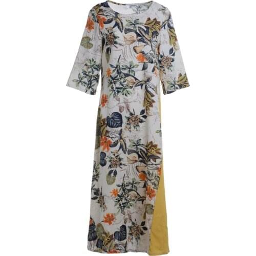 Autumn Women Casual Boho Retro Cotton Linen Floral Printed Maxi Dress 3/4 Sleeve O Neck Patchwork Dress Plus Size Yellow Green