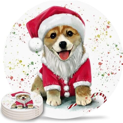 Corgi Christmas Hat Christmas Ceramic Coasters Waterproof Tea Cup Mat Christmas Home Decor Coasters for Glasses