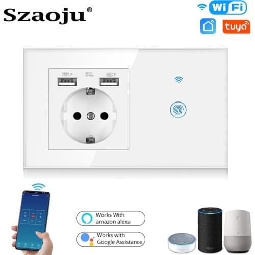 Szaoju TUYA Wifi Smart Light Touch Switch With Wall power USB Socket Crystal Glass Panel Backlight Work with Google Home Alexa