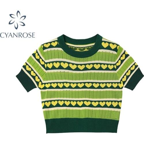 Vintage Women Crop Tops Green Knitted Summer Tops O Neck Short Sleeve Love Pattern Casual Female Slim Knit Top Cropped Tees