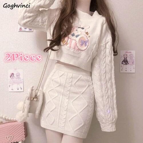 Women Sets Knitted O-Neck Full Sleeve Casual Crop Tops Kawaii Embroidery Sweaters Mini Knitted Twist Skirts Female Harajuku Ins