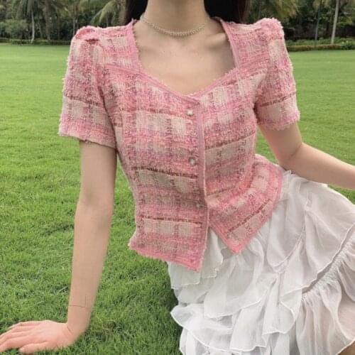 2021 Summer New Retro Korean Pink Plaid Tweed Coat Women Fashion Short-Sleeved Slim Female Elegant Chic Top