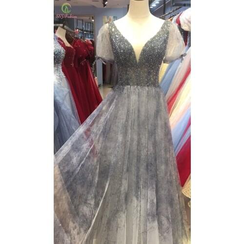 SSYFashion New Luxury Evening Dress for Women V-neck Short Sleeve A-line Long Sequins Beading Formal Gowns Vestidos De Noche