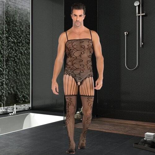 1PC Mens Sentiment Hollowed Out Black Sexy Perspective Net Intimates bodysuit lingerie Sling pattern printed bodysuit Sissy T3