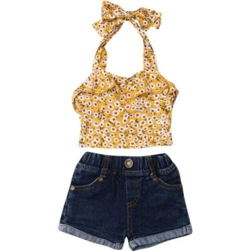 Cute Girl Clothes Summer 2019 Toddler Kid Baby Girl Clothes Floral Halter Tops +Denim Shorts 2pcs Outfits Set