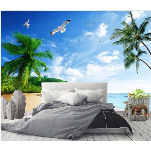 Custom photo 3d wallpaper Seaside coconut tree seagull beach scenery room home decor 3d wall murals wallpaper for walls 3 d