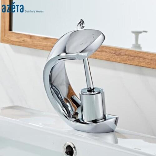 AZETA New Design Basin Faucet Bathroom Single Hole Deck Mounted Basin Mixer Tap Chrome Brass Waterfall Washbasin Tap AT7906
