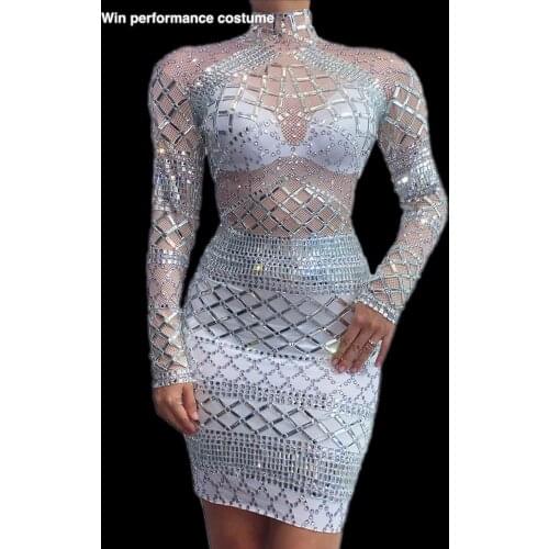 Shining Silver Sequins Rhinestone Dress Women Birthday Festival Sexy Costume Prom Celebrate Bling Mirrors Evening Ballroom