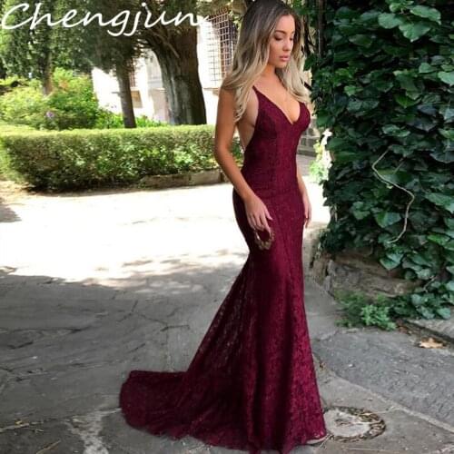 Chengjun China Custom Made Sexy Bare Back Long Mermaid Burgundy Lace Evening Dresses