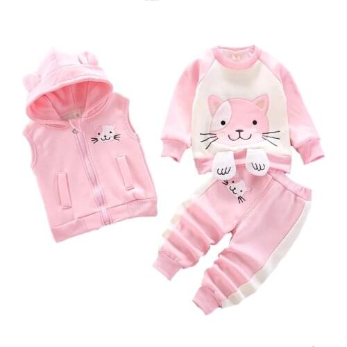 Keep Warm Girls Clothing Sets Winter Cat Baby Girl Clothes Hooded Zipper Vest + Sweater And Pants Fashion Suits Birthday Present