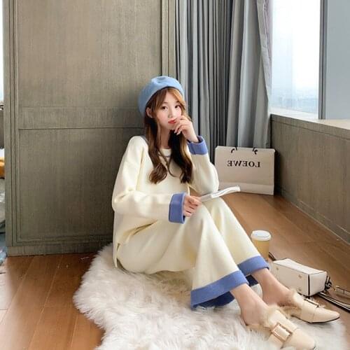 Set womens autumn and winter new fashion high-end sweater loose sweater wide leg pants suit two-piece womens clothing