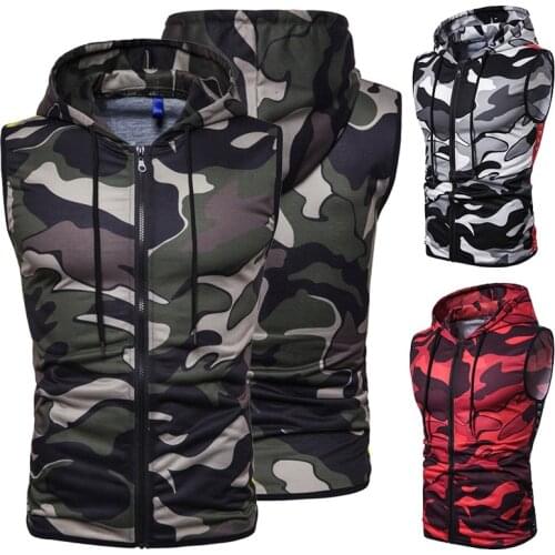 Mens Sports Hooded Vest Casual Slim Camouflage Pattern Outdoor Jogging Sports Fitness Sleeveless Hoodie