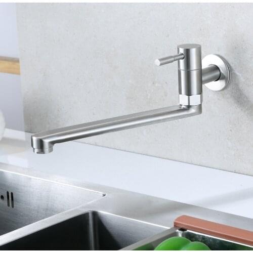 Wall Mounted Kitchen Faucet Stainless Steel 360 Degree Rotation Basin Sink Tap Single Cold Water Tap Swivel Spout Long Bibcocks
