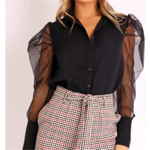 NEW Women Mesh Sheer Puff Sleeve Turtleneck Top Long Sleeve Sexy Shirts OL Blouse Ladies Tops And Blouses Woman Clothing