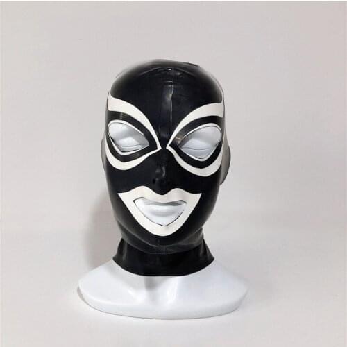 2019 new arrival sexy lingerie cekc unisex club drama handmade black latex hoods hood mask with eyes white trim zentai fetish