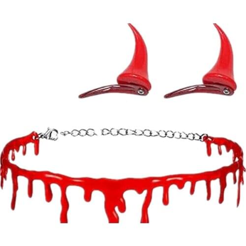 Halloween Blood Necklace Devil Horns Chokers Necklaces Halloween Party DIY Decorations Horror Props Kids Toy Gift Haunted House