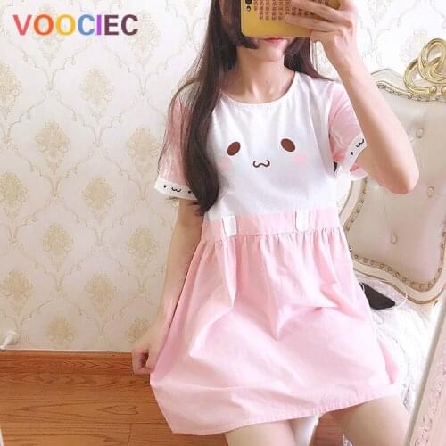 VOOCIEC Japanese sweet lolita dress fresh cute rabbit printing loose o-neck victorian dress kawaii girl gothic lolita op cos
